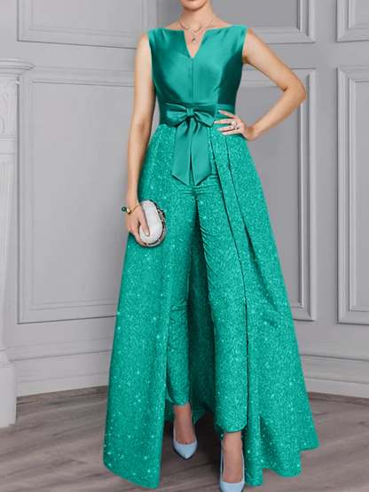 2-Piece Long-Sleeve Mother of the Bride Pantsuit with Sash and Sequins
