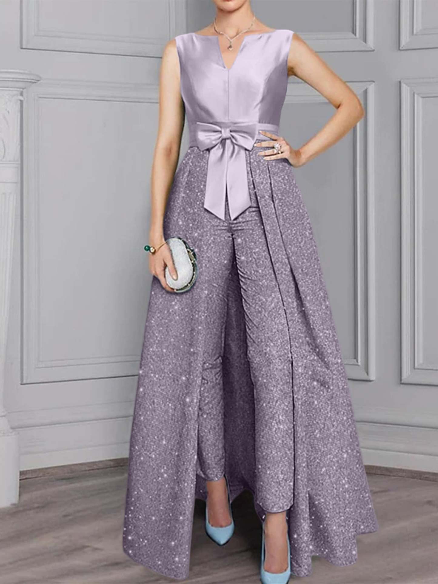 2-Piece Long-Sleeve Mother of the Bride Pantsuit with Sash and Sequins