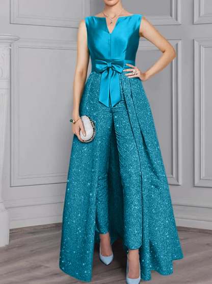 2-Piece Long-Sleeve Mother of the Bride Pantsuit with Sash and Sequins