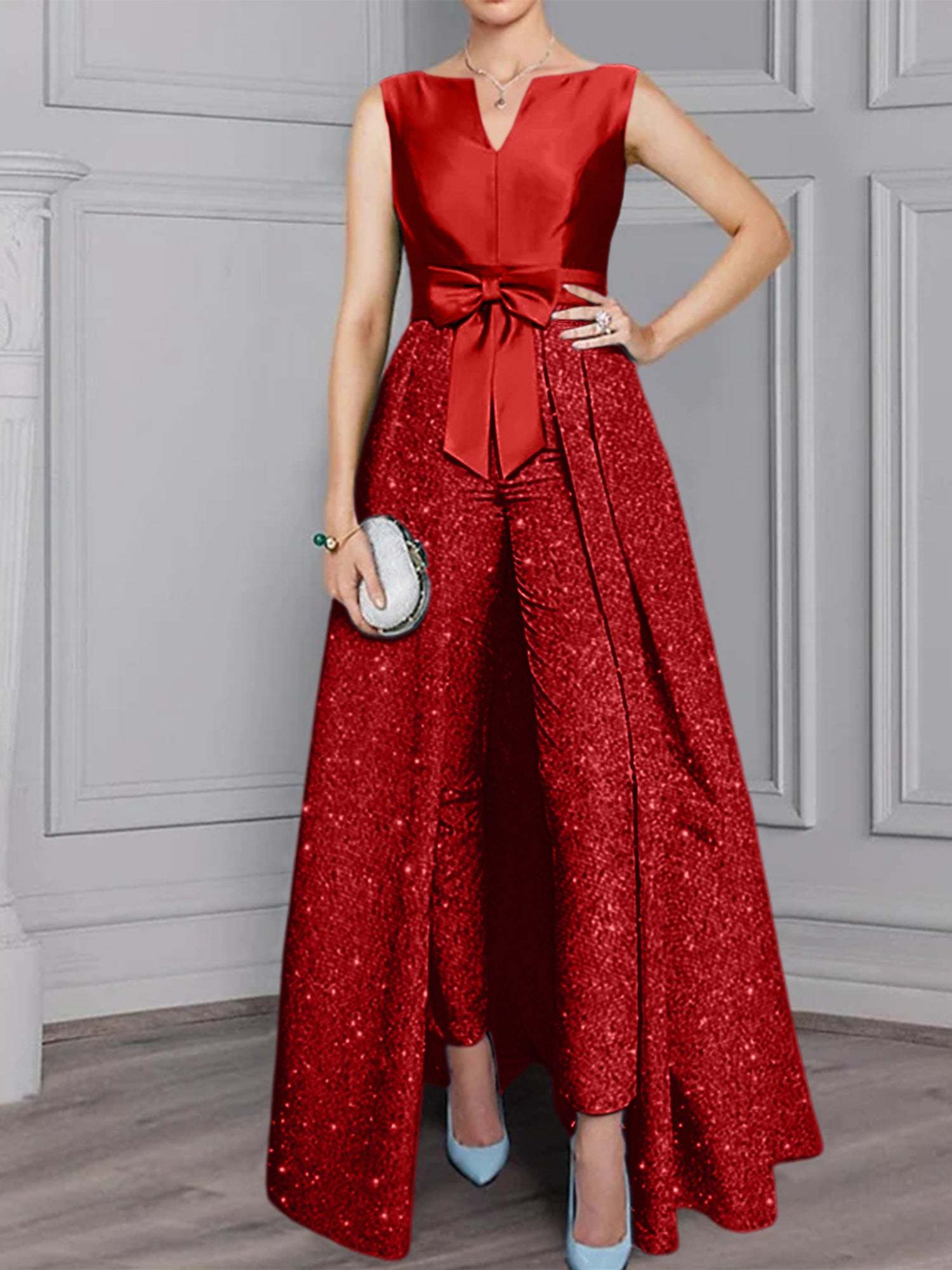 2-Piece Long-Sleeve Mother of the Bride Pantsuit with Sash and Sequins