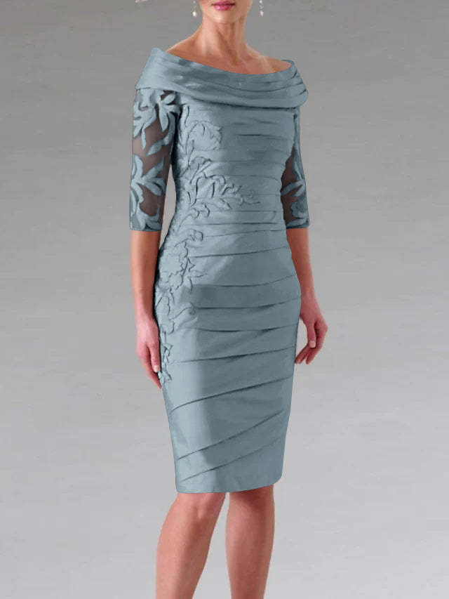 Half-Sleeve Knee-Length Sheath/Column Mother of the Bride Dress with Ruching and Appliques