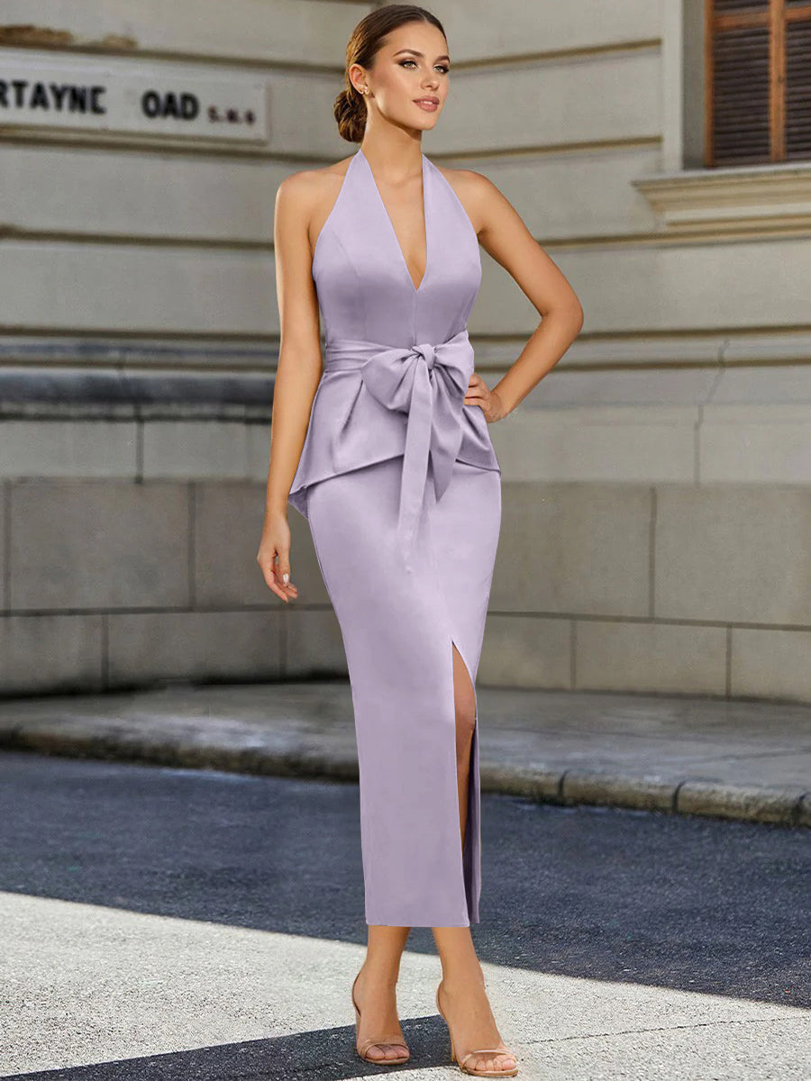 Tea-Length Sleeveless Halter Mother of the Bride Dress with Bowknot