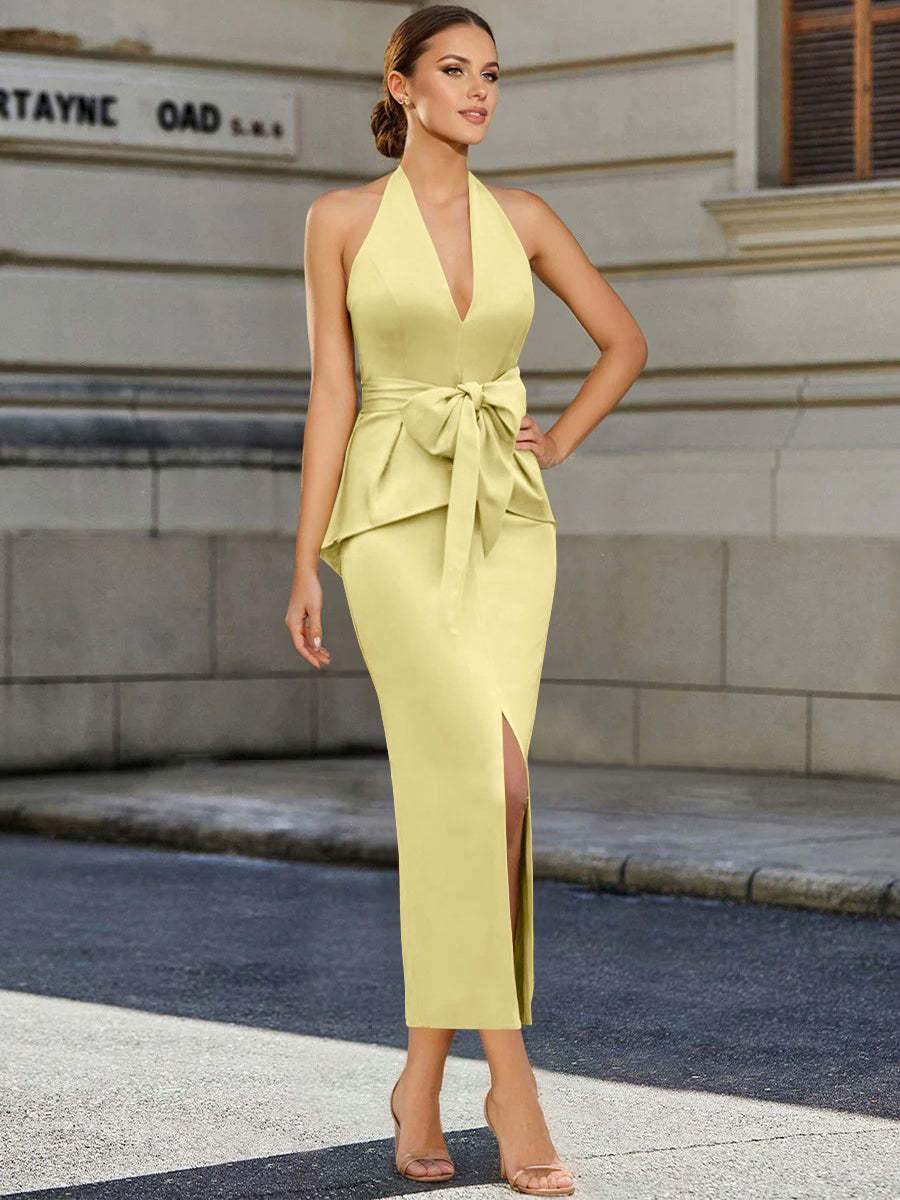 Tea-Length Sleeveless Halter Mother of the Bride Dress with Bowknot