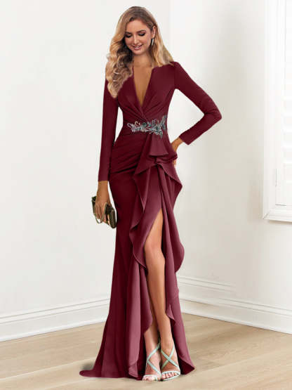 Floor-Length V-Neck Long Sleeve Sheath Dress with Crepe Beading for the Mother of the Bride