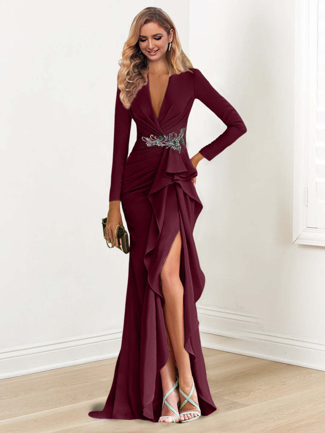 Floor-Length V-Neck Long Sleeve Sheath Dress with Crepe Beading for the Mother of the Bride