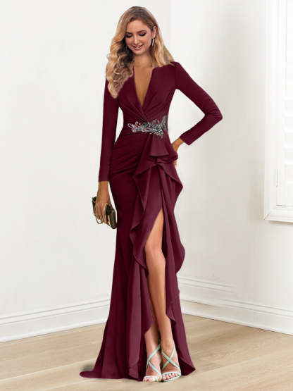 Floor-Length V-Neck Long Sleeve Sheath Dress with Crepe Beading for the Mother of the Bride