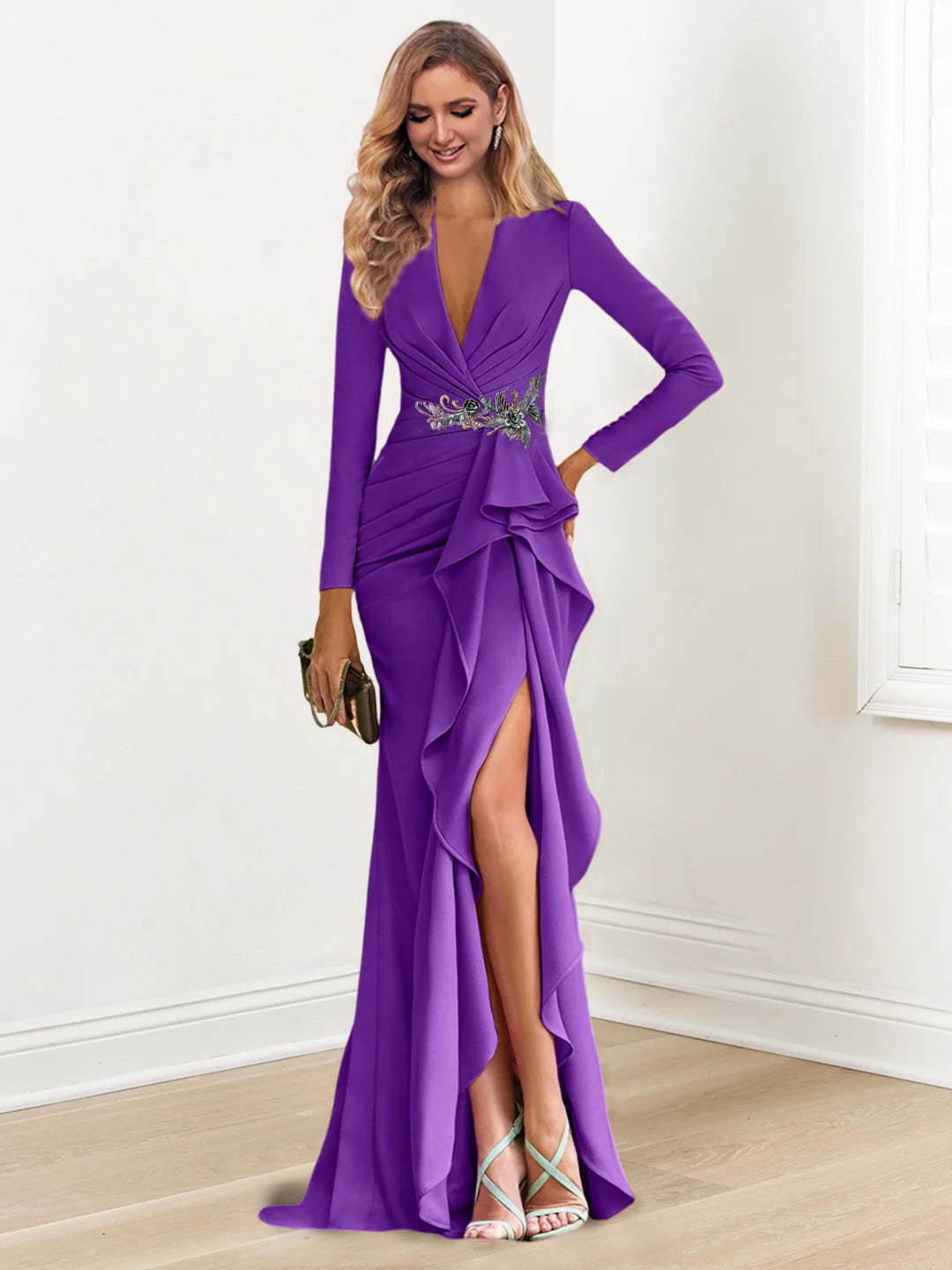 Floor-Length V-Neck Long Sleeve Sheath Dress with Crepe Beading for the Mother of the Bride