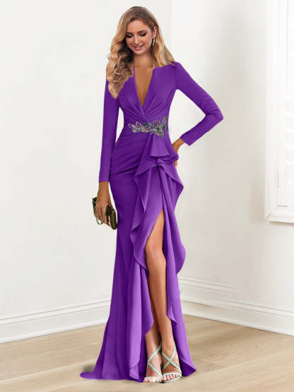 Floor-Length V-Neck Long Sleeve Sheath Dress with Crepe Beading for the Mother of the Bride