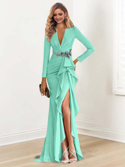 Floor-Length V-Neck Long Sleeve Sheath Dress with Crepe Beading for the Mother of the Bride
