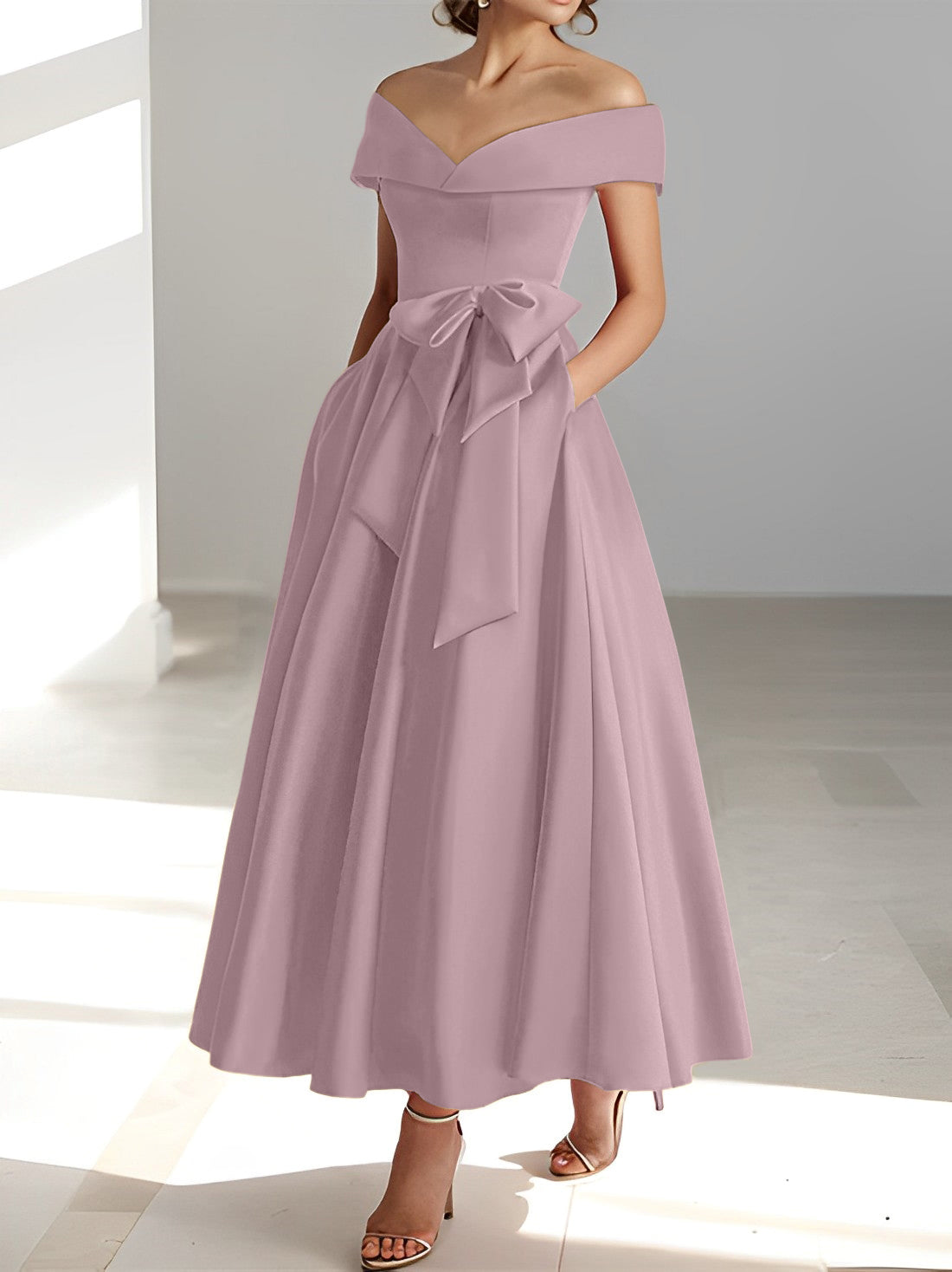 Sleeveless Off-the-Shoulder A-Line/Princess Ankle-Length Mother of the Bride Dresses with Pockets