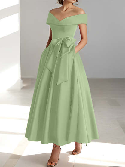 Sleeveless Off-the-Shoulder A-Line/Princess Ankle-Length Mother of the Bride Dresses with Pockets