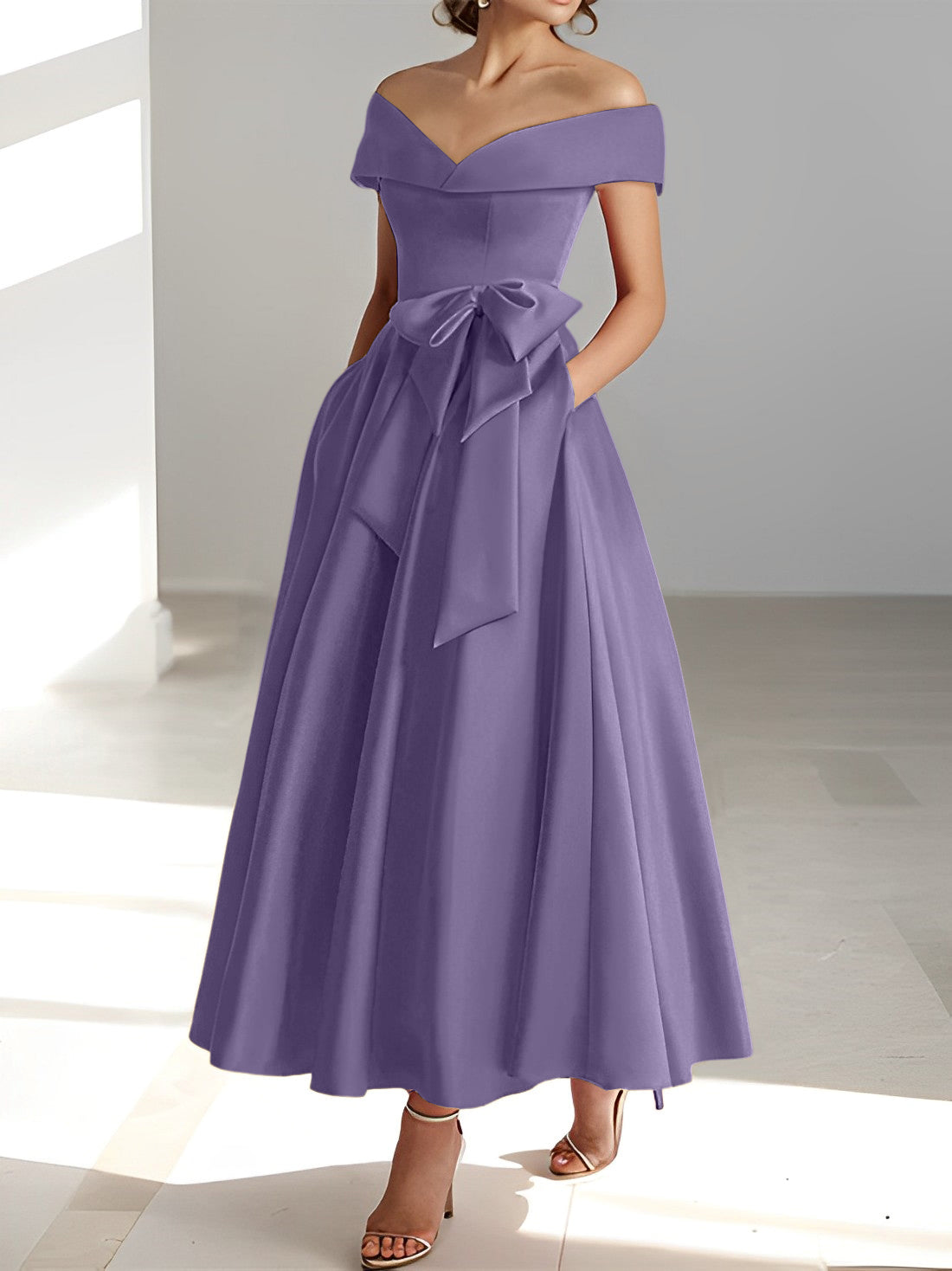 Sleeveless Off-the-Shoulder A-Line/Princess Ankle-Length Mother of the Bride Dresses with Pockets