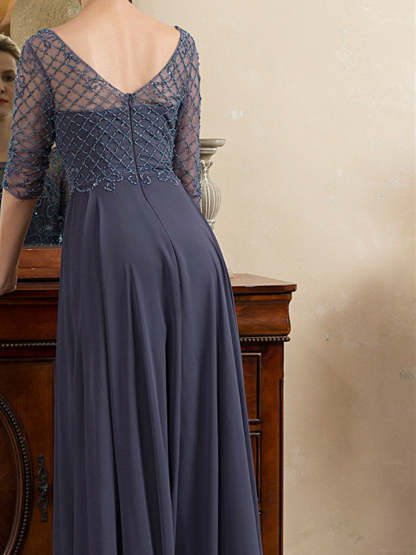 Floor-Length Beaded A-Line Mother of the Bride Dress with Scoop Neck and Short Sleeves