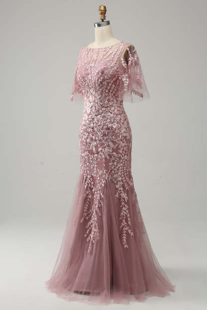Floor-Length Mother of the Bride Lace Dresses with Trumpet/Mermaid Scoop Half Sleeves