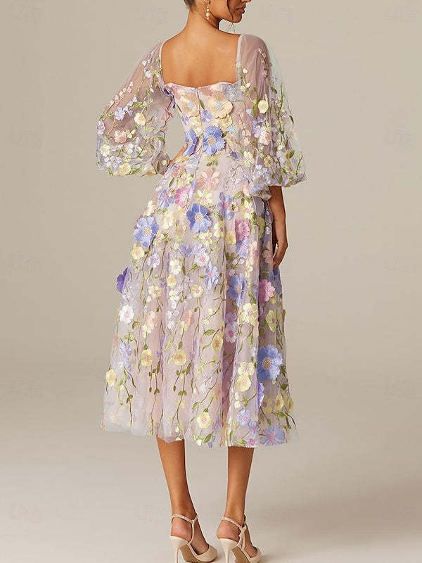 Princess A-Line Tea-Length Mother of the Bride Dress with Square Neck and Long Sleeves Featuring Appliques