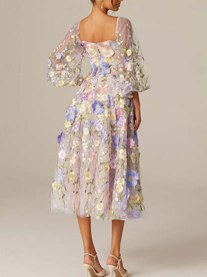 Princess A-Line Tea-Length Mother of the Bride Dress with Square Neck and Long Sleeves Featuring Appliques