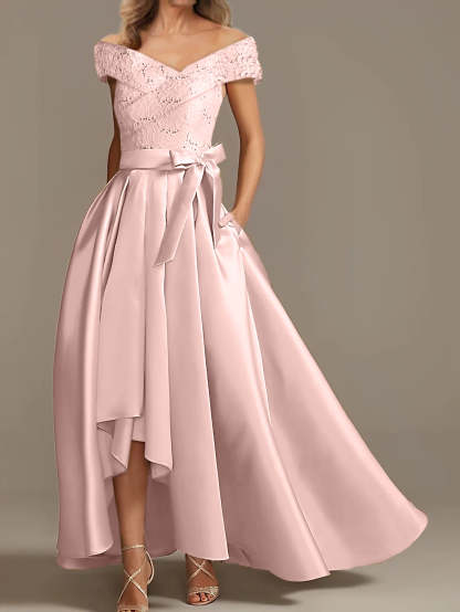 Off-the-Shoulder Asymmetrical A-Line Mother of the Bride Dresses with Ruffles