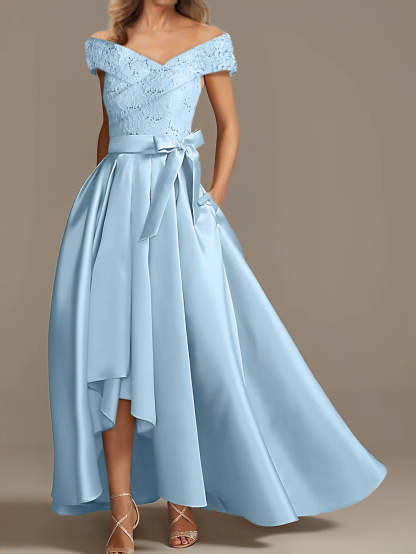 Off-the-Shoulder Asymmetrical A-Line Mother of the Bride Dresses with Ruffles