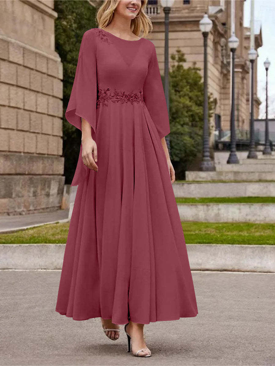 Princess A-Line Jewel Neck 3/4 Sleeve Sequined Ankle-Length Mother of the Bride Gown
