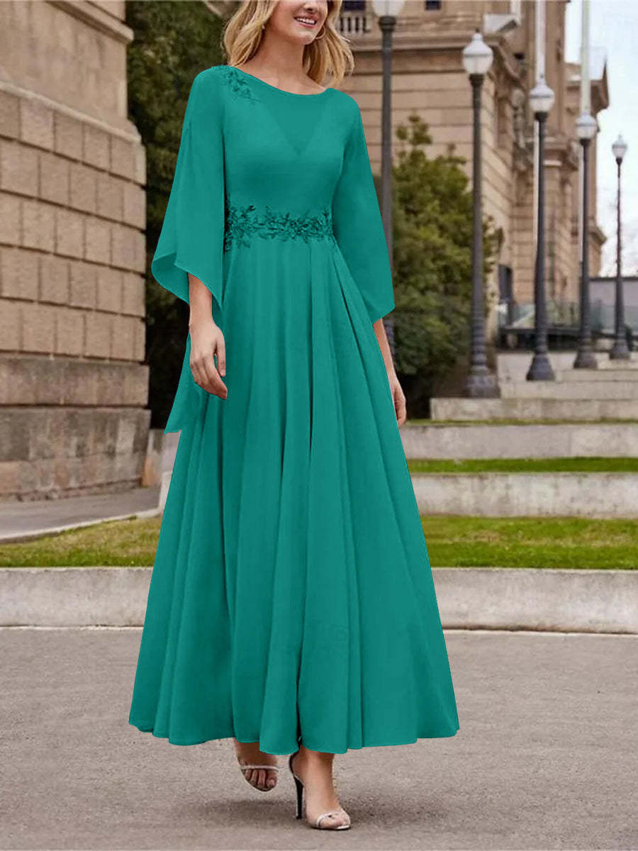 Princess A-Line Jewel Neck 3/4 Sleeve Sequined Ankle-Length Mother of the Bride Gown