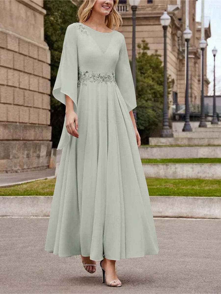 Princess A-Line Jewel Neck 3/4 Sleeve Sequined Ankle-Length Mother of the Bride Gown
