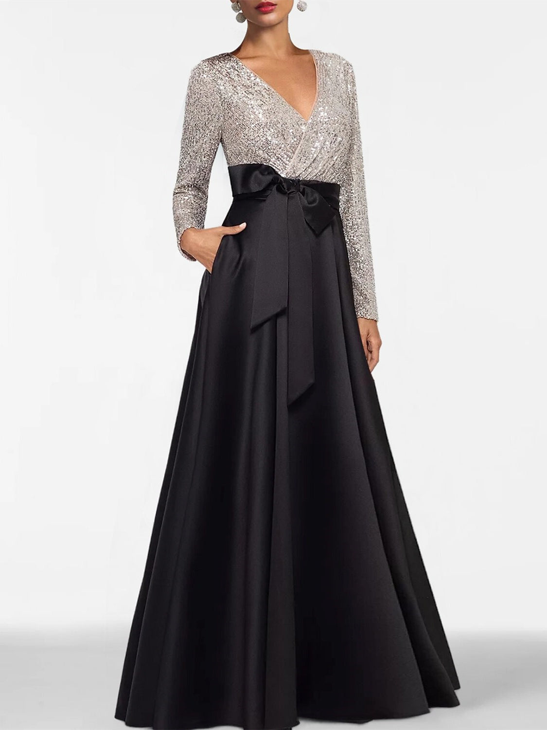 V-Neck A-Line Princess Floor-Length Mother of the Bride Dress with Long Sleeves Pocket and Sequins