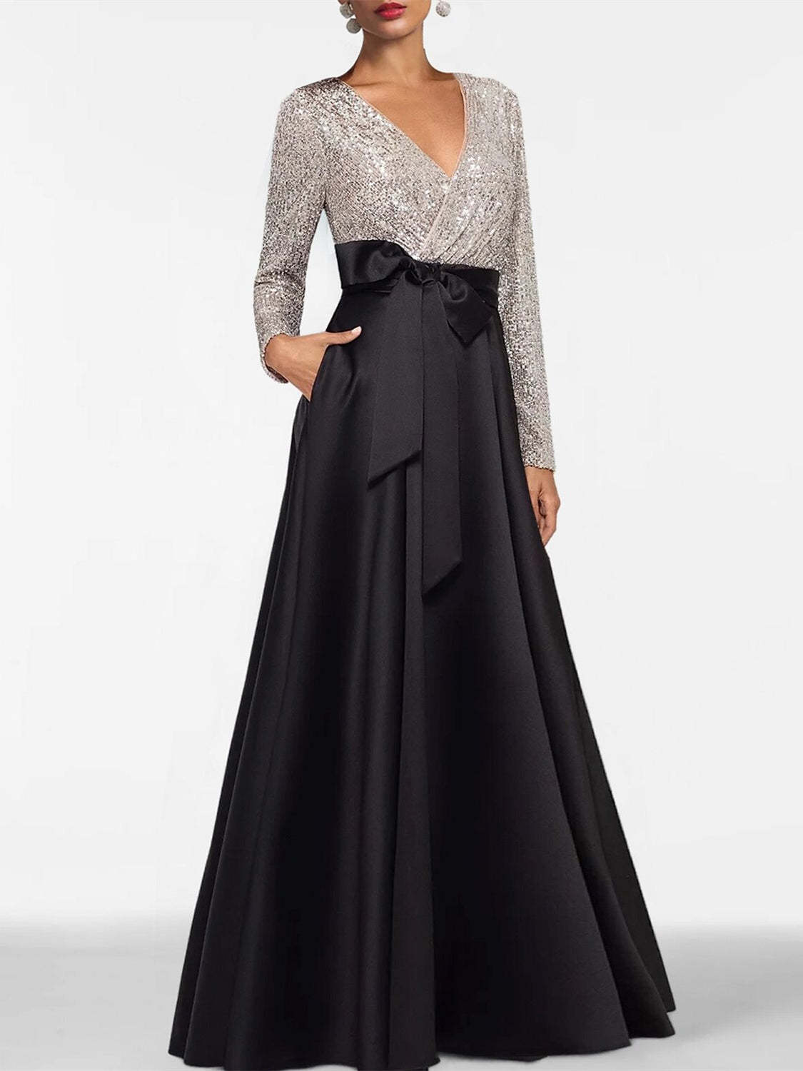V-Neck A-Line Princess Floor-Length Mother of the Bride Dress with Long Sleeves Pocket and Sequins