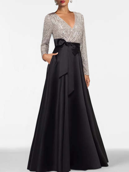 V-Neck A-Line Princess Floor-Length Mother of the Bride Dress with Long Sleeves Pocket and Sequins