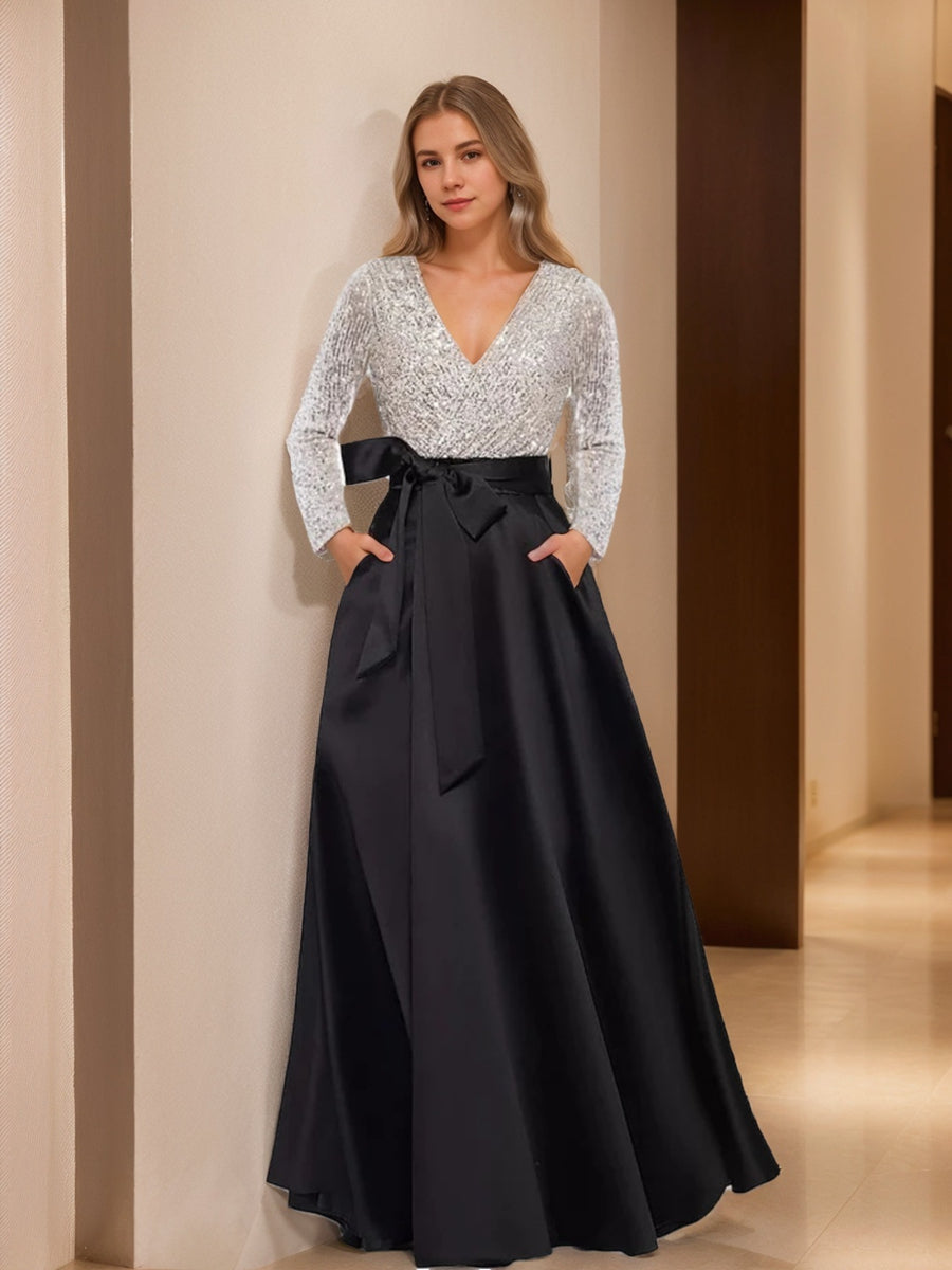V-Neck A-Line Princess Floor-Length Mother of the Bride Dress with Long Sleeves Pocket and Sequins