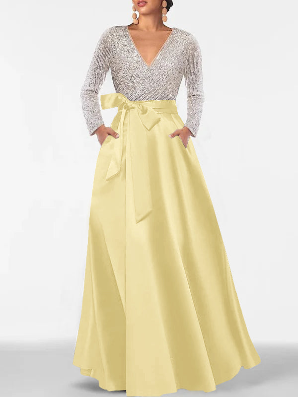 V-Neck A-Line Princess Floor-Length Mother of the Bride Dress with Long Sleeves Pocket and Sequins