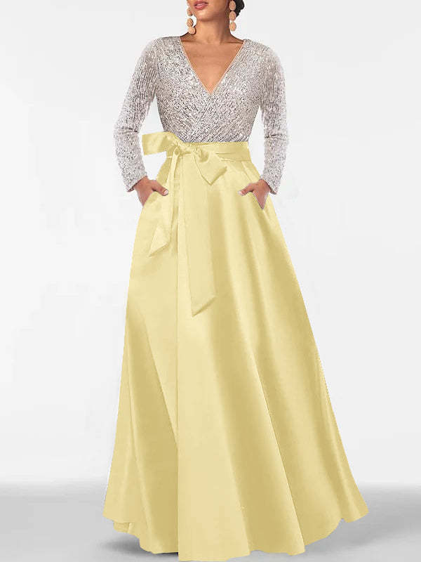 V-Neck A-Line Princess Floor-Length Mother of the Bride Dress with Long Sleeves Pocket and Sequins