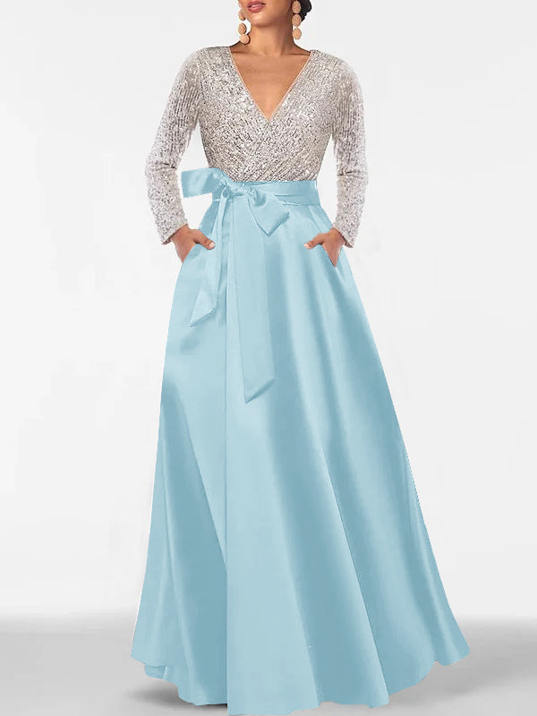 V-Neck A-Line Princess Floor-Length Mother of the Bride Dress with Long Sleeves Pocket and Sequins