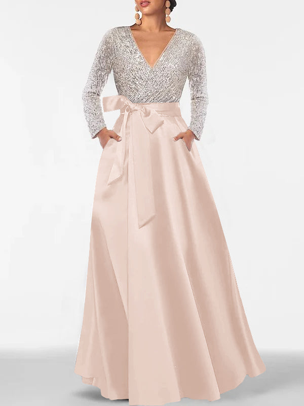 V-Neck A-Line Princess Floor-Length Mother of the Bride Dress with Long Sleeves Pocket and Sequins
