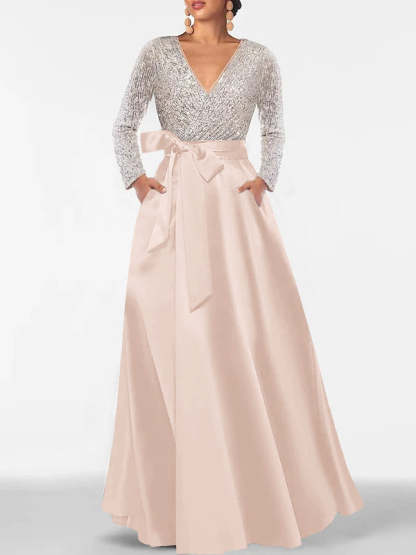 V-Neck A-Line Princess Floor-Length Mother of the Bride Dress with Long Sleeves Pocket and Sequins