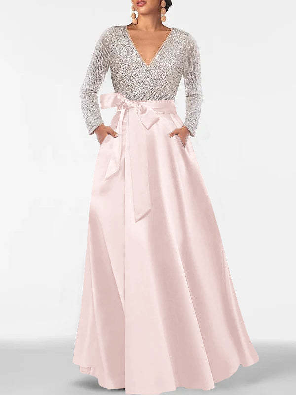 V-Neck A-Line Princess Floor-Length Mother of the Bride Dress with Long Sleeves Pocket and Sequins
