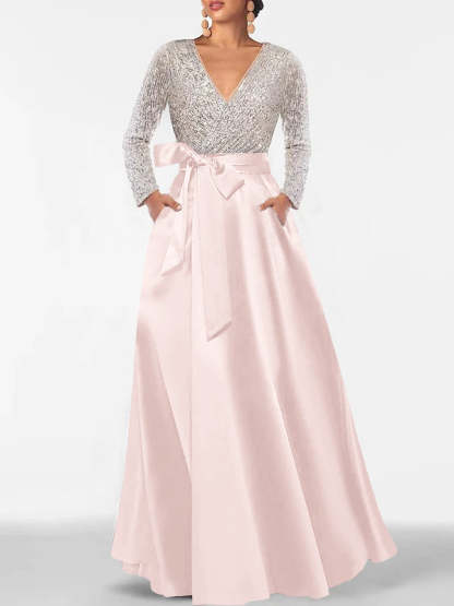 V-Neck A-Line Princess Floor-Length Mother of the Bride Dress with Long Sleeves Pocket and Sequins