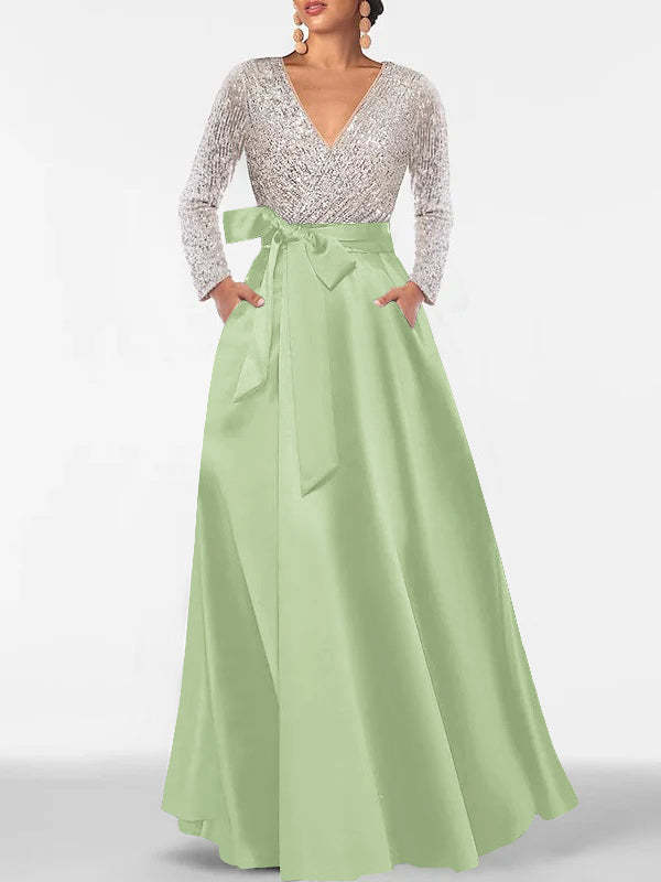 V-Neck A-Line Princess Floor-Length Mother of the Bride Dress with Long Sleeves Pocket and Sequins