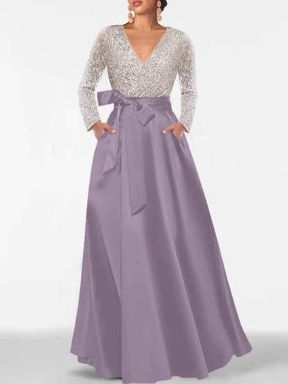 V-Neck A-Line Princess Floor-Length Mother of the Bride Dress with Long Sleeves Pocket and Sequins