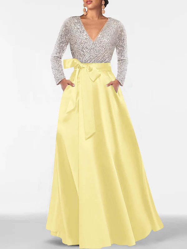 V-Neck A-Line Princess Floor-Length Mother of the Bride Dress with Long Sleeves Pocket and Sequins