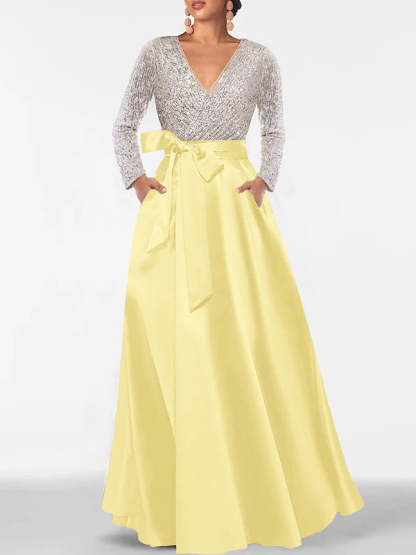 V-Neck A-Line Princess Floor-Length Mother of the Bride Dress with Long Sleeves Pocket and Sequins