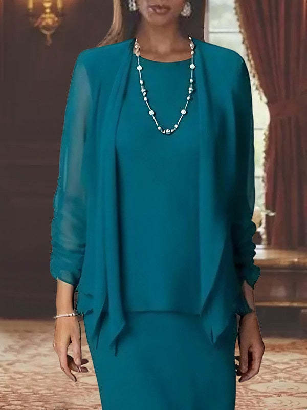 Floor-Length Scoop Neck Sheath Dress with Long Sleeves and Jacket for the Mother of the Bride