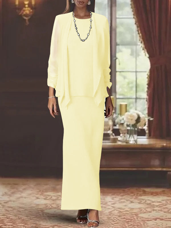 Floor-Length Scoop Neck Sheath Dress with Long Sleeves and Jacket for the Mother of the Bride