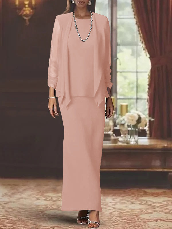 Floor-Length Scoop Neck Sheath Dress with Long Sleeves and Jacket for the Mother of the Bride