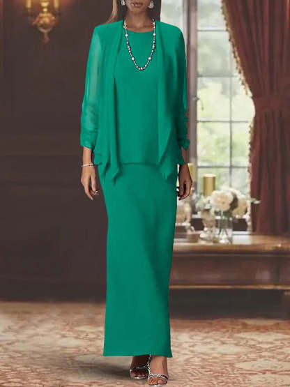 Floor-Length Scoop Neck Sheath Dress with Long Sleeves and Jacket for the Mother of the Bride