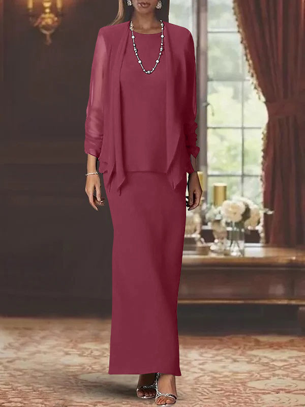 Floor-Length Scoop Neck Sheath Dress with Long Sleeves and Jacket for the Mother of the Bride