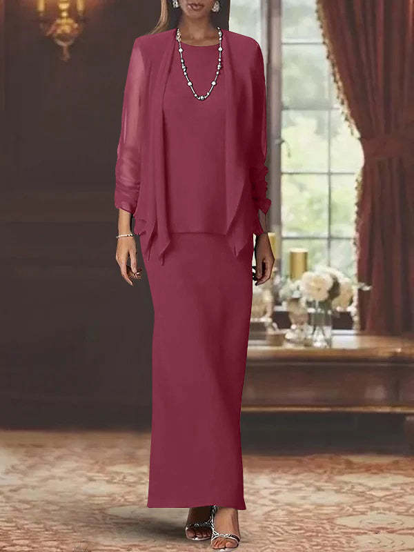 Floor-Length Scoop Neck Sheath Dress with Long Sleeves and Jacket for the Mother of the Bride