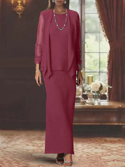 Floor-Length Scoop Neck Sheath Dress with Long Sleeves and Jacket for the Mother of the Bride