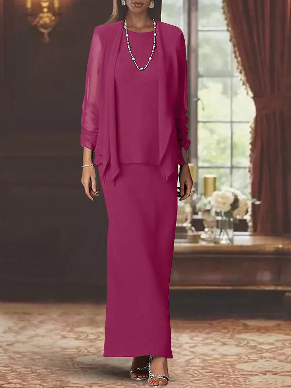 Floor-Length Scoop Neck Sheath Dress with Long Sleeves and Jacket for the Mother of the Bride