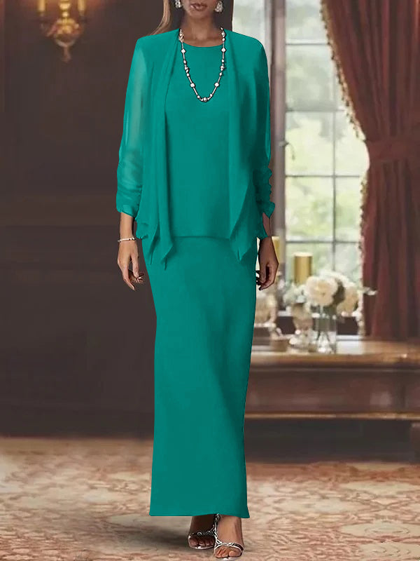 Floor-Length Scoop Neck Sheath Dress with Long Sleeves and Jacket for the Mother of the Bride