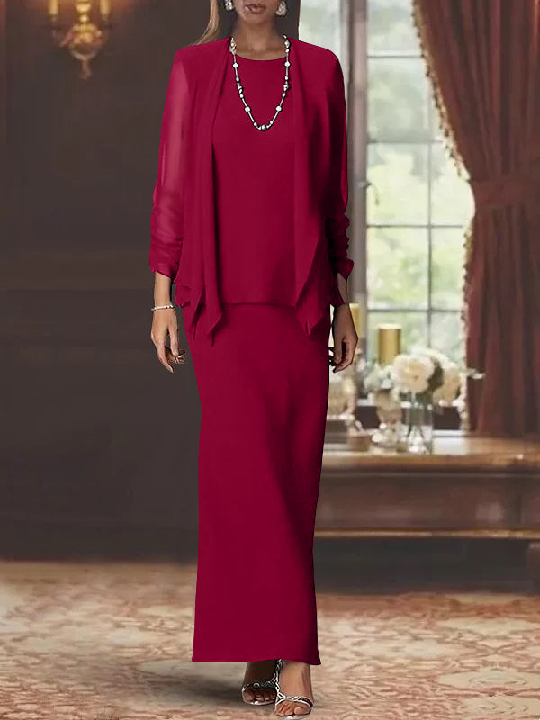 Floor-Length Scoop Neck Sheath Dress with Long Sleeves and Jacket for the Mother of the Bride